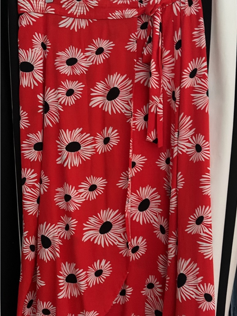 Anthropologie Red Floral Wrap Skirt with White Petal Print